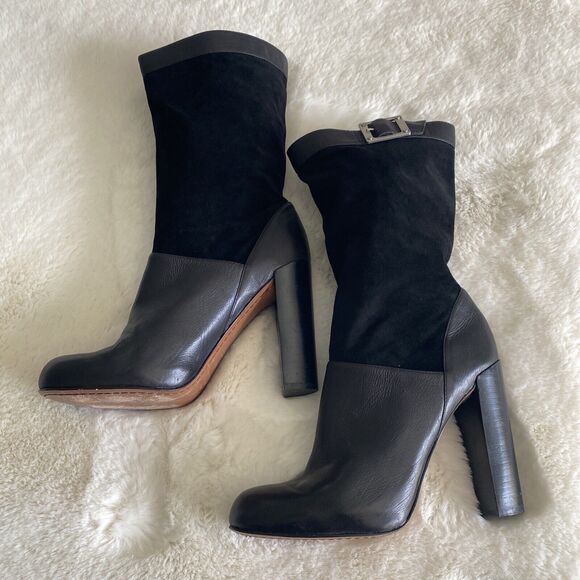 Rachel Zoe Women's 8.5 Claudia Black Leather Suede Slouch Buckle Heeled Boot - Picture 5 of 9